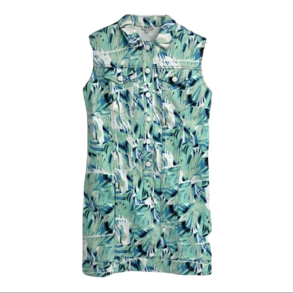 Kenzo Aquamarine teal leaf printed denim shirt mini dress 36 (US 4)